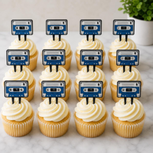 Cassette Tape Cupcake Toppers – Set of 6 or 12 – Retro Music Party Decorations