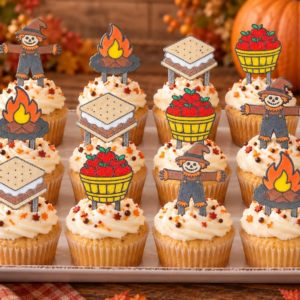 Twelve cupcakes topped with mixed scarecrow, campfire, s'mores and apple basket designs.